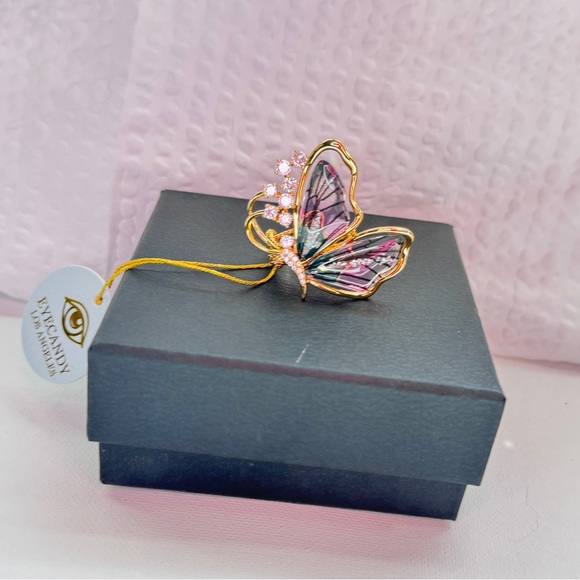 Beautiful Gold Butterfly Cocktail Ring with Pink and Green Enamel Accents - Picture 7 of 10